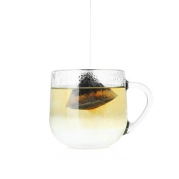 Photo of Cup with tea bag isolated on white