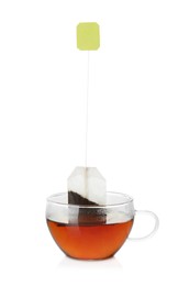 Photo of Cup with tea bag isolated on white