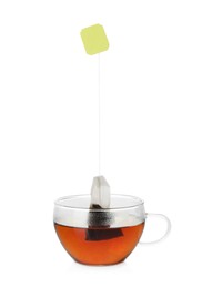 Photo of Cup with tea bag isolated on white