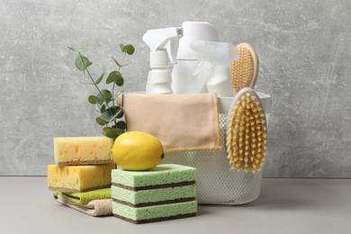 Photo of Eco-friendly cleaning products, supplies and eucalyptus branches on grey table