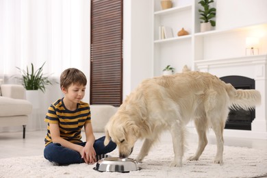 Photo of Boy feeding his cute dog at home