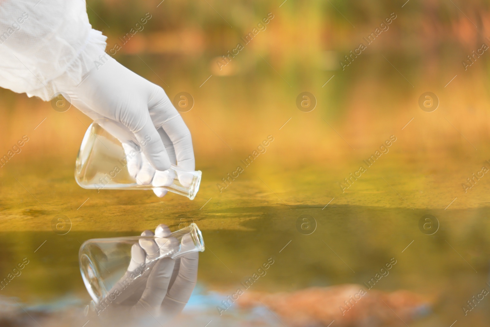 Photo of Examination of water quality. Researcher taking water sample from lake outdoors, closeup. Space for text