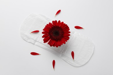 Photo of Menstrual pad with red flower on white background