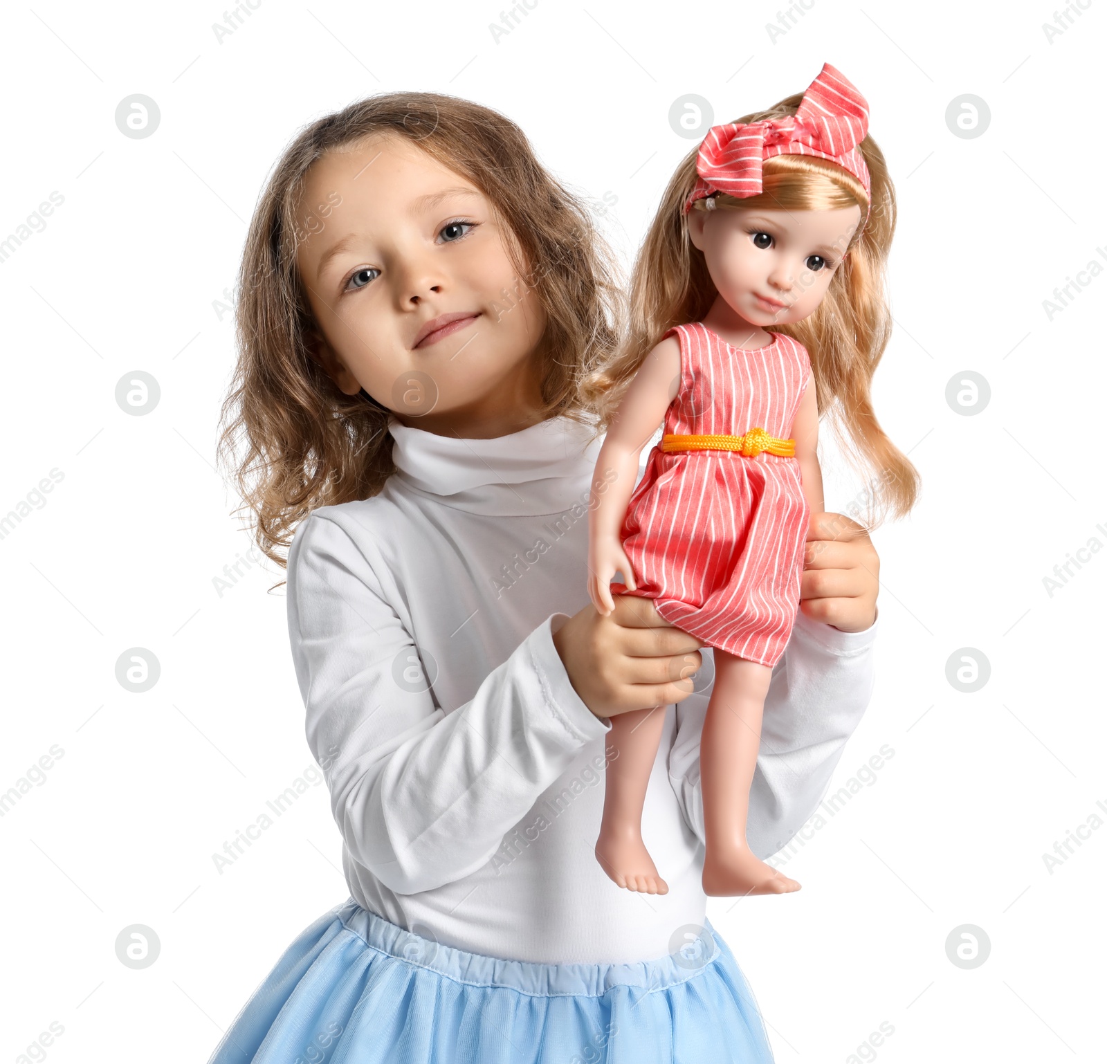 Photo of Cute little girl with doll on white background