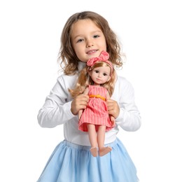 Photo of Cute little girl with doll on white background