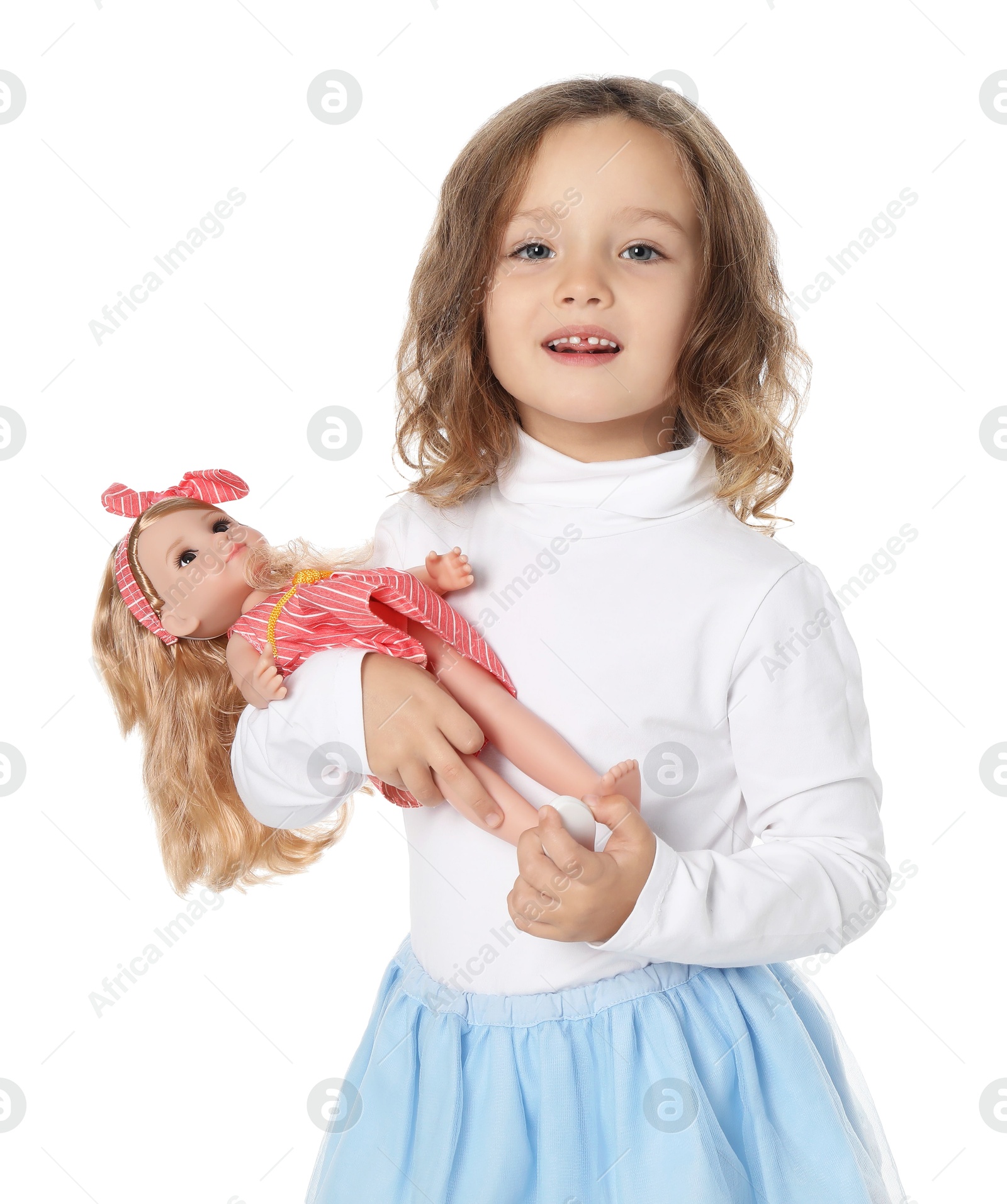 Photo of Cute little girl with doll on white background