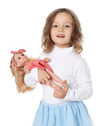 Photo of Cute little girl with doll on white background