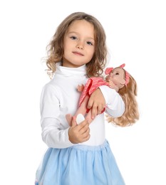 Cute little girl with doll on white background