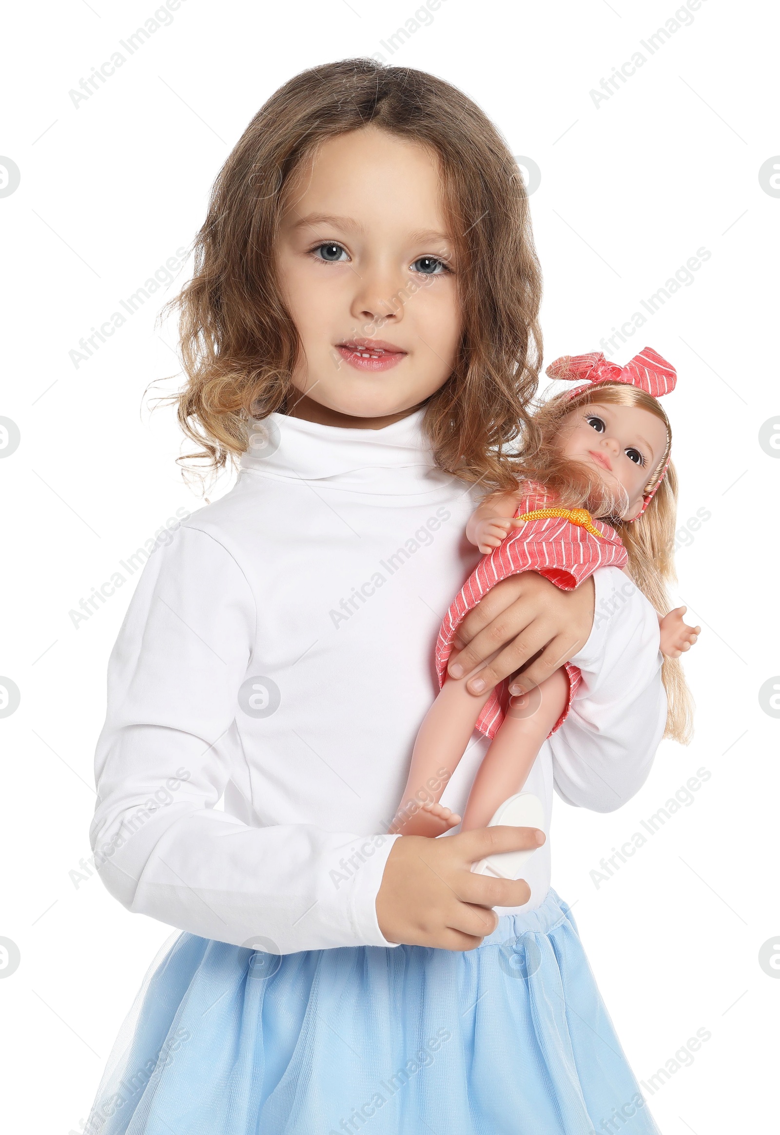 Photo of Cute little girl with doll on white background