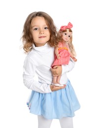 Photo of Cute little girl with doll on white background