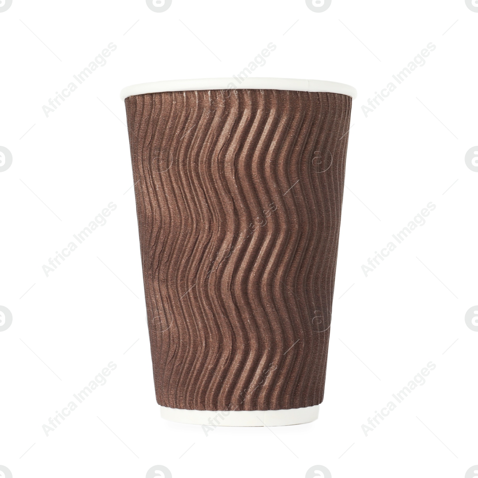 Photo of One paper cup on white background. Mockup for design