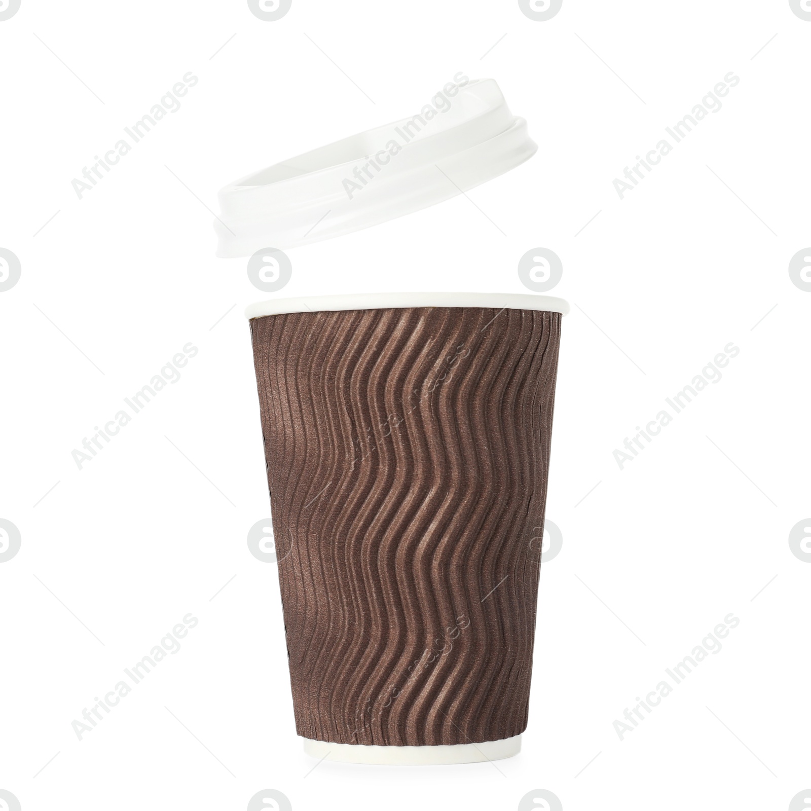 Photo of Paper cup with lid on white background. Mockup for design