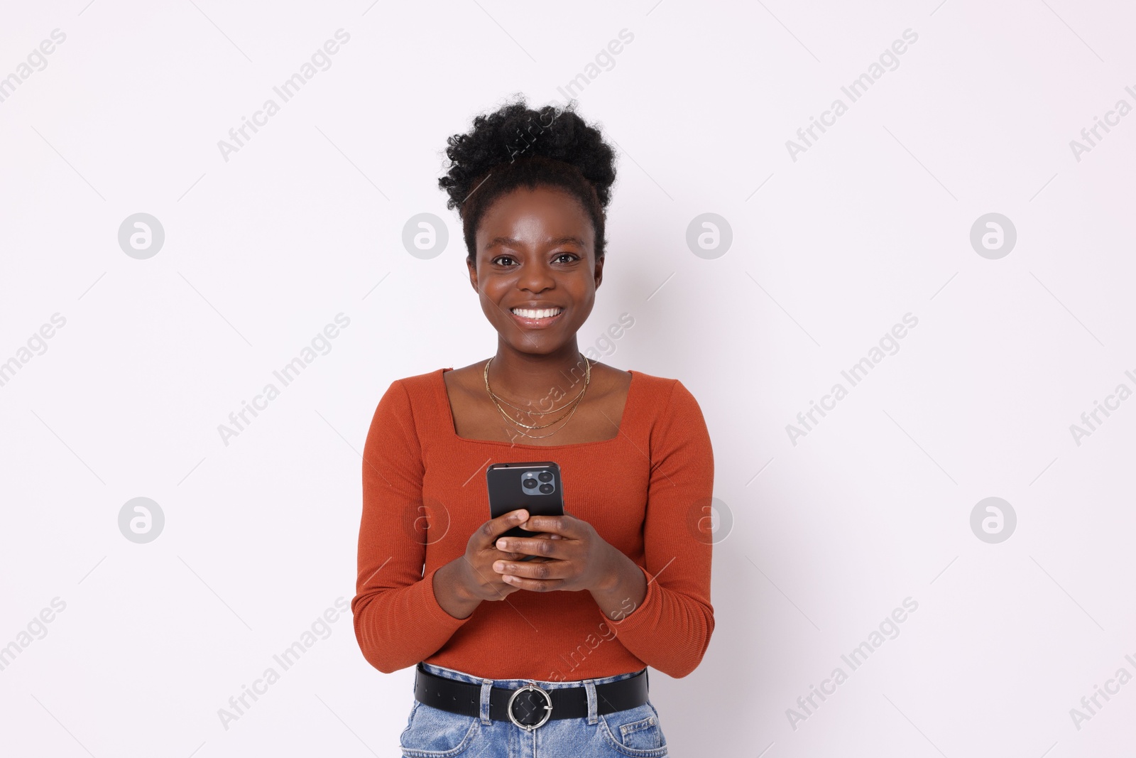 Photo of Happy woman with smartphone on white background