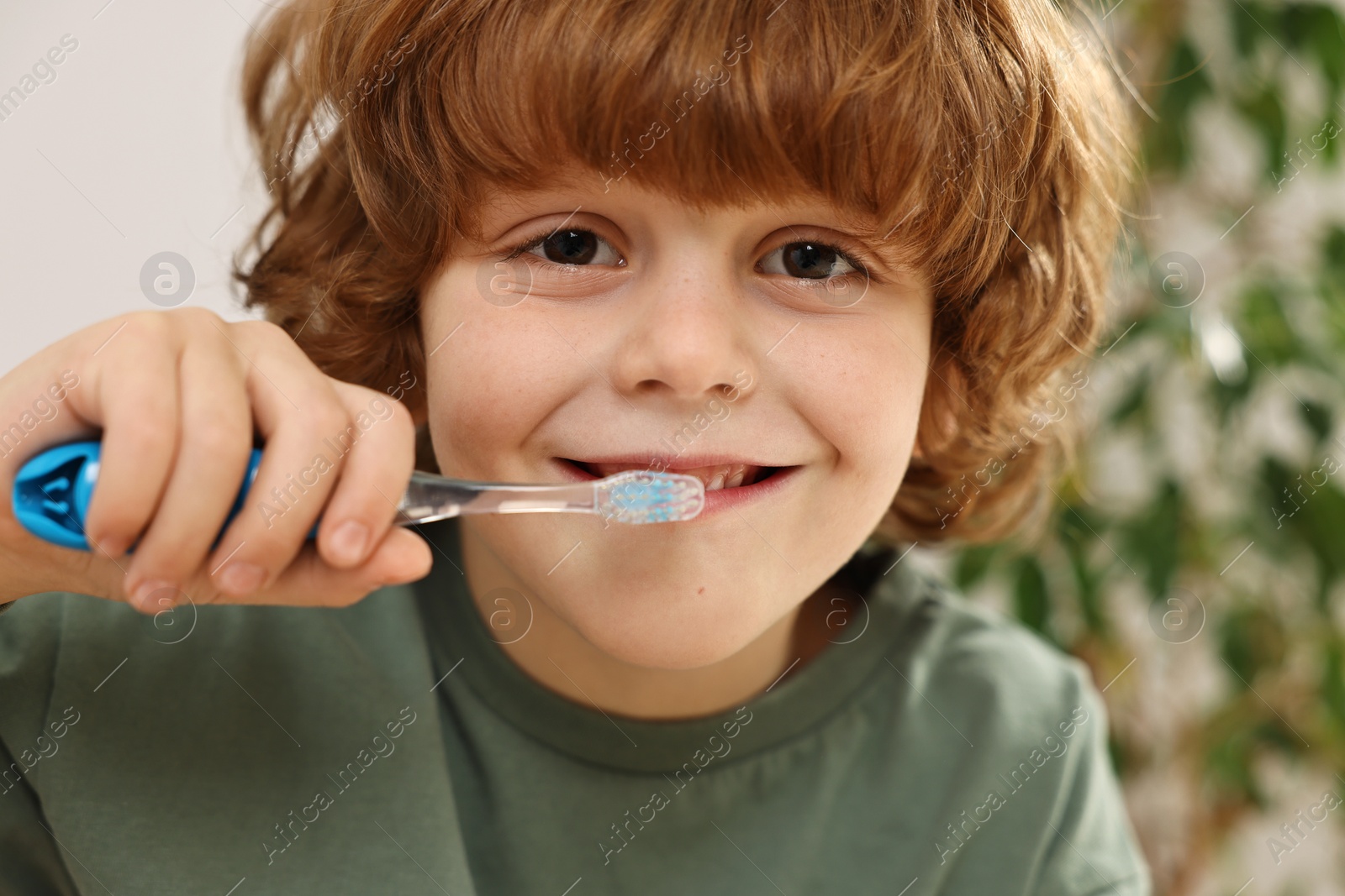 Photo of Cute boy brushing his teeth indoors, closeup