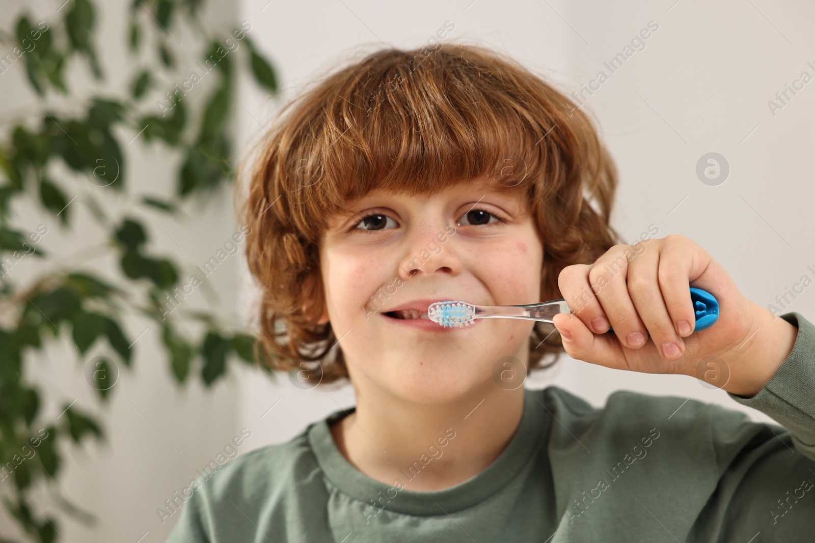 Photo of Cute boy brushing his teeth at home