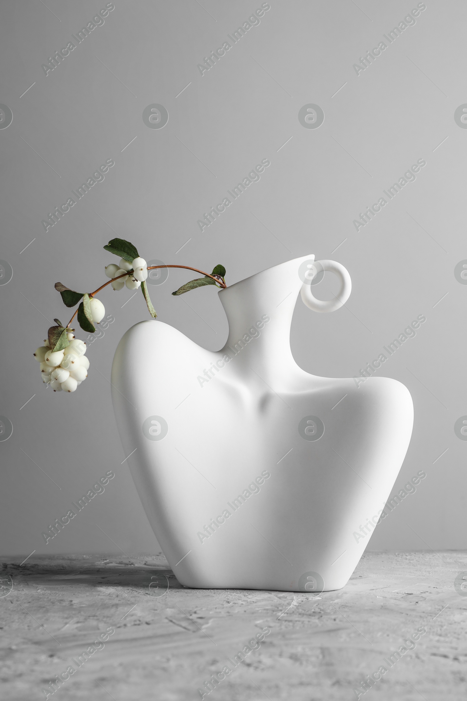 Photo of Stylish vase with snowberry branch on grey table