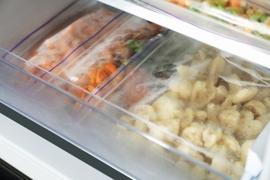 Photo of Plastic bags with different frozen vegetables in refrigerator, closeup