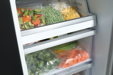 Photo of Plastic bags with different frozen vegetables in refrigerator