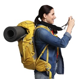 Photo of Young tourist with camera and backpack on white background