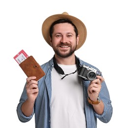 Photo of Happy tourist in hat with passport, ticket and camera on white background