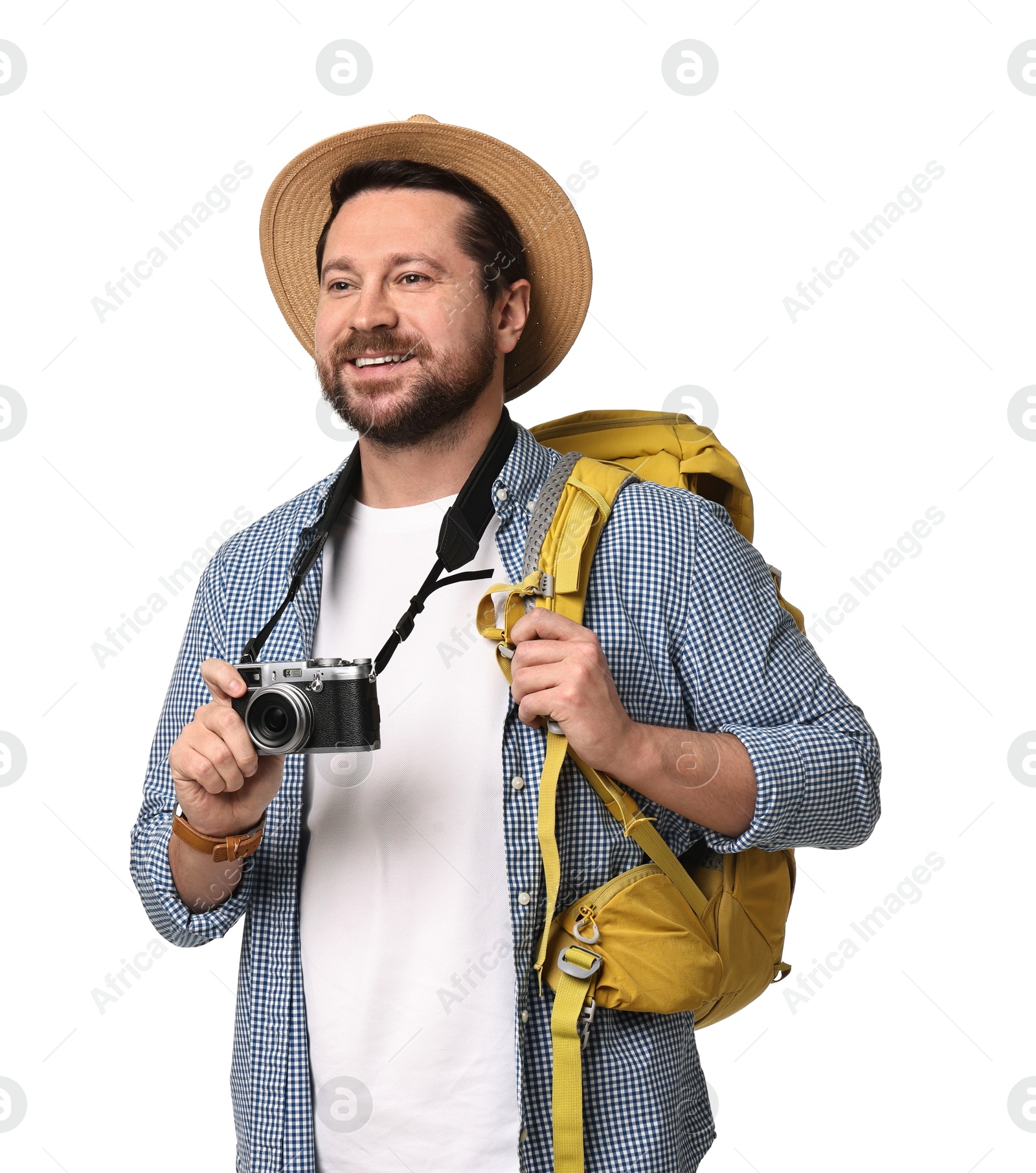 Photo of Happy tourist in hat with backpack and camera on white background