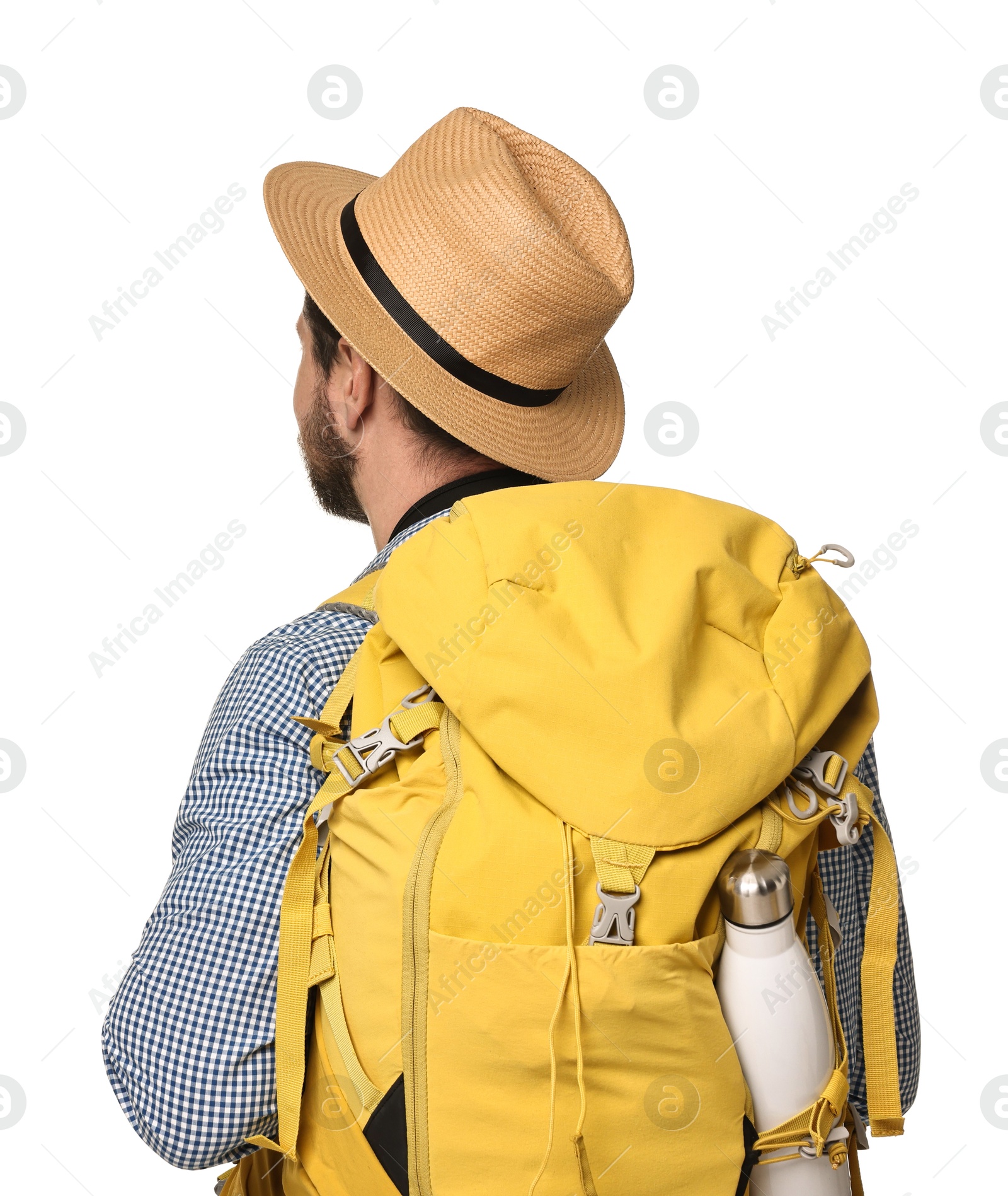 Photo of Tourist in hat with backpack on white background, back view