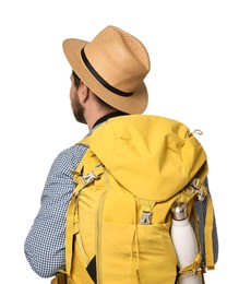 Photo of Tourist in hat with backpack on white background, back view