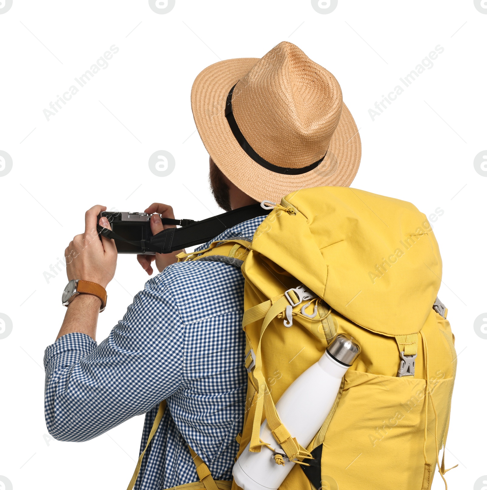 Photo of Tourist in hat with camera and backpack on white background, back view