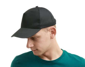 Photo of Man in stylish baseball cap on white background. Mockup for design