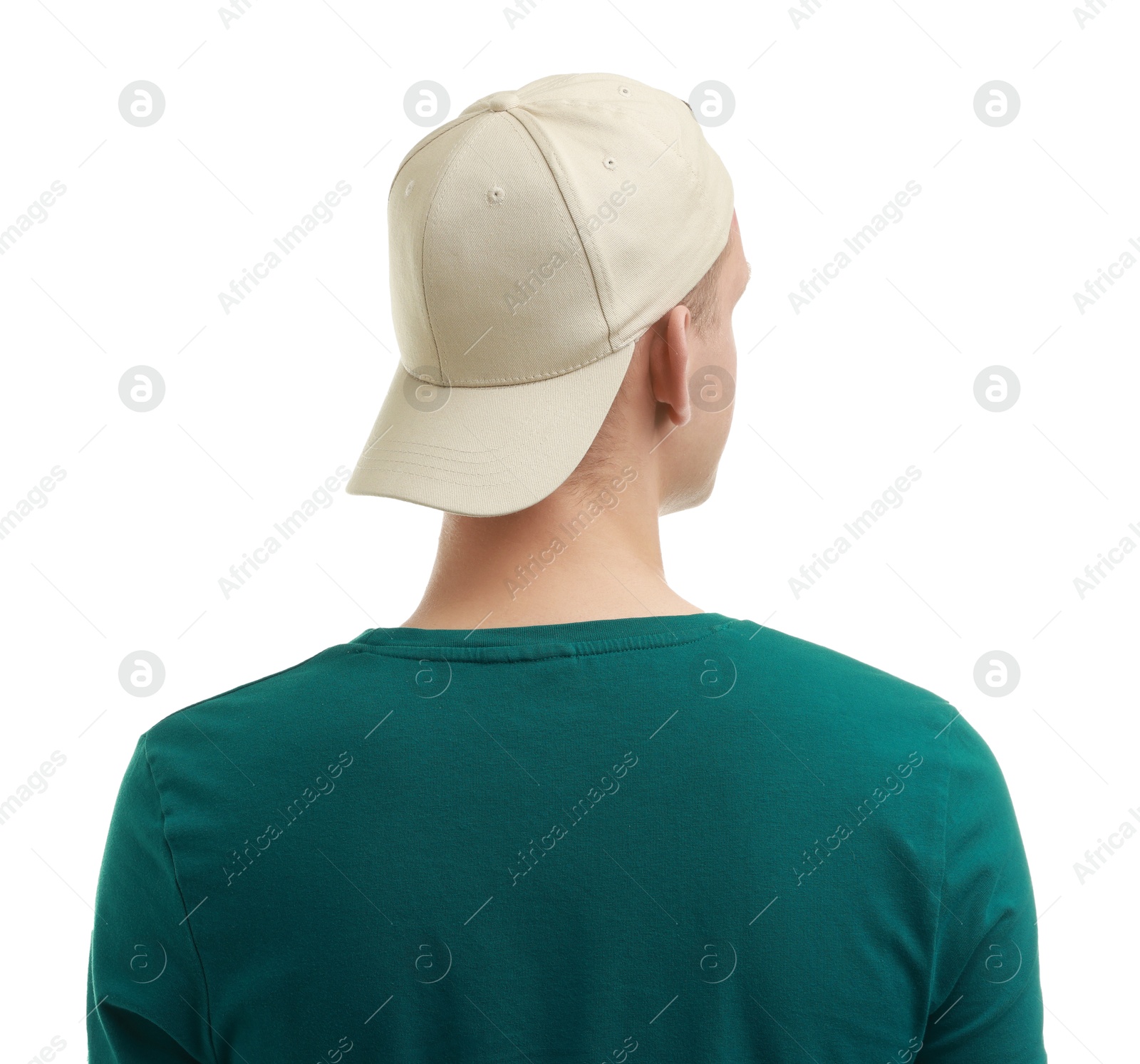 Photo of Man in stylish baseball cap on white background, back view. Mockup for design