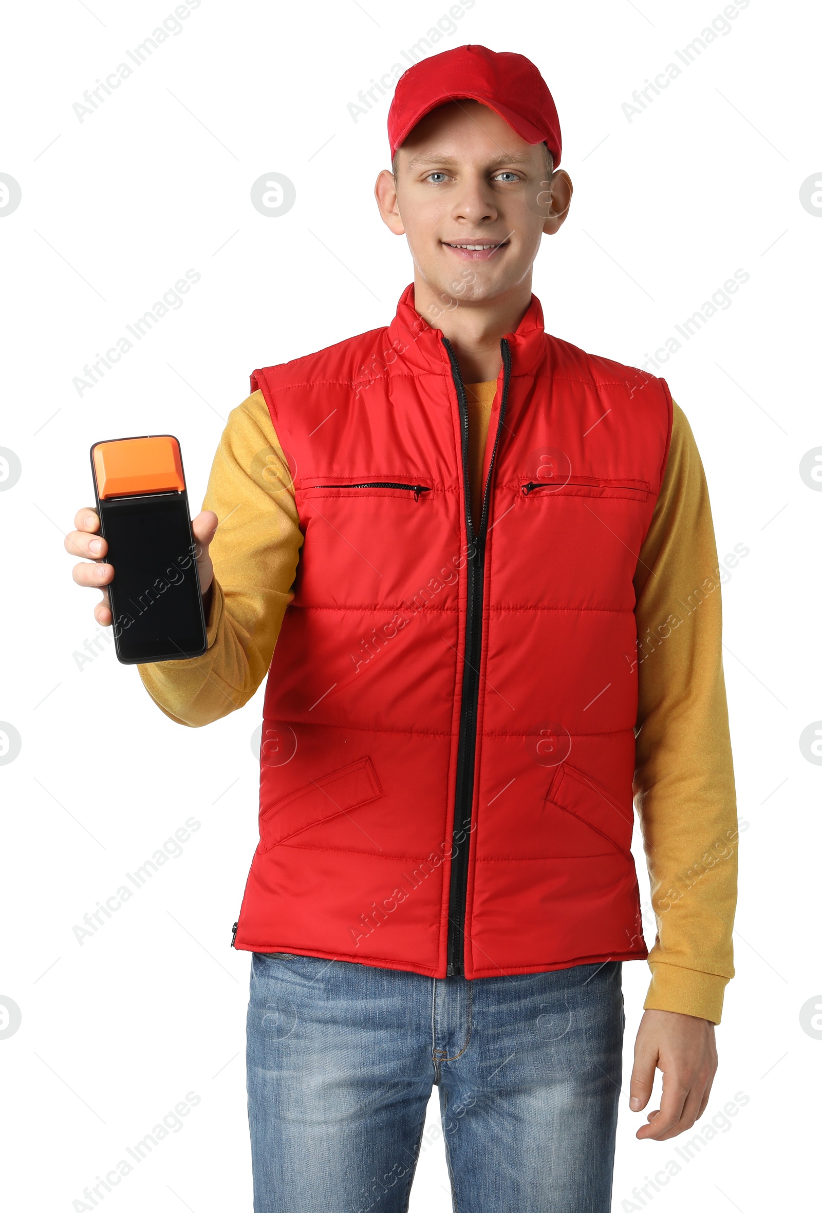 Photo of Happy courier with payment terminal on white background