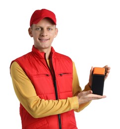 Happy courier with payment terminal on white background