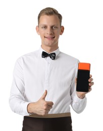 Photo of Happy waiter with payment terminal showing thumbs up on white background