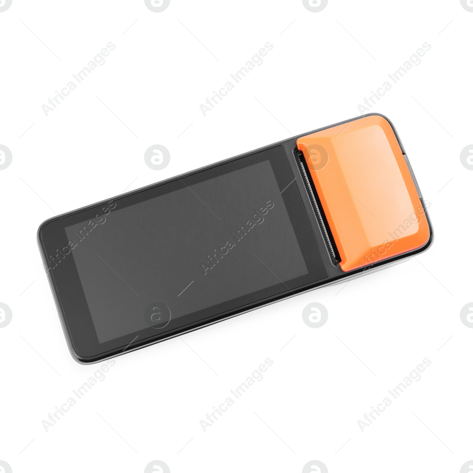 Photo of One payment terminal isolated on white, top view