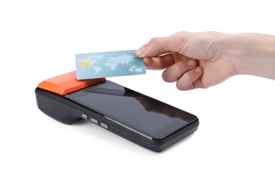 Photo of Woman with credit card using payment terminal on white background, closeup