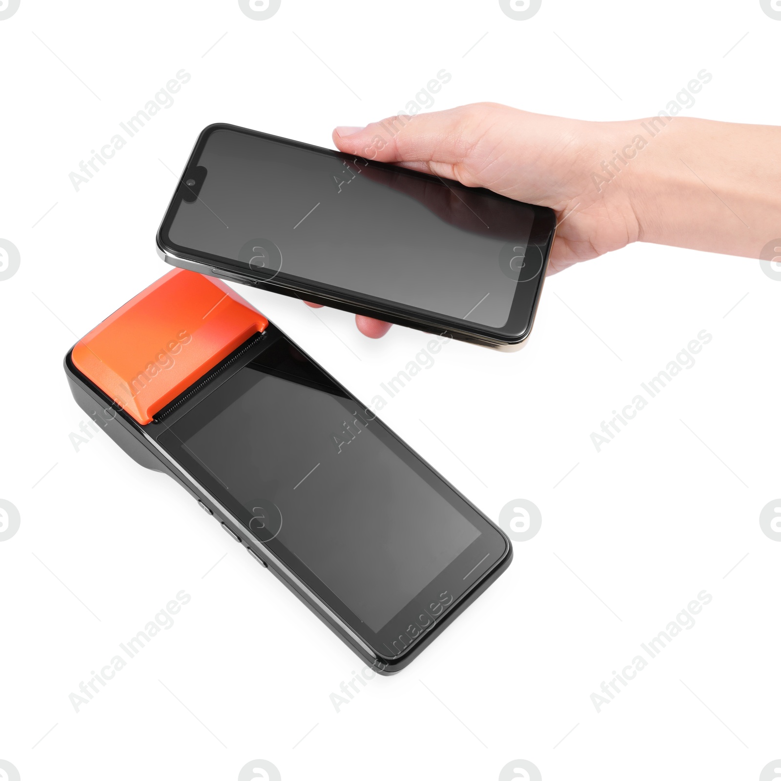 Photo of Woman with smartphone using payment terminal on white background, above view