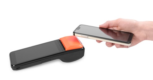 Photo of Woman with smartphone using payment terminal on white background, closeup