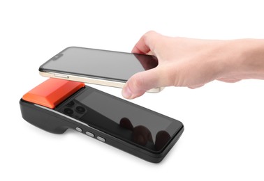 Photo of Woman with smartphone using payment terminal on white background, closeup