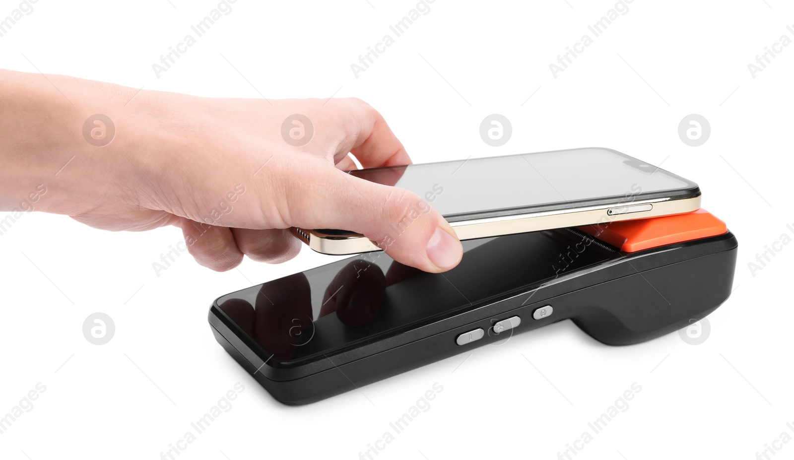 Photo of Woman with smartphone using payment terminal on white background, closeup