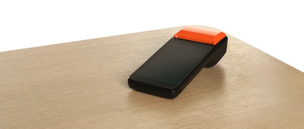 Photo of Payment terminal on wooden table against white background