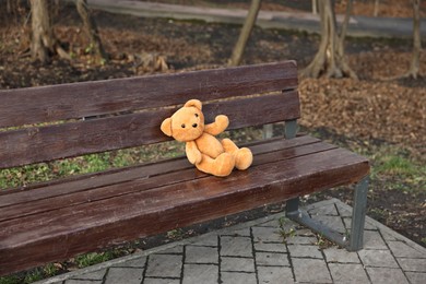 Photo of Lost brown teddy bear on wooden bench in park