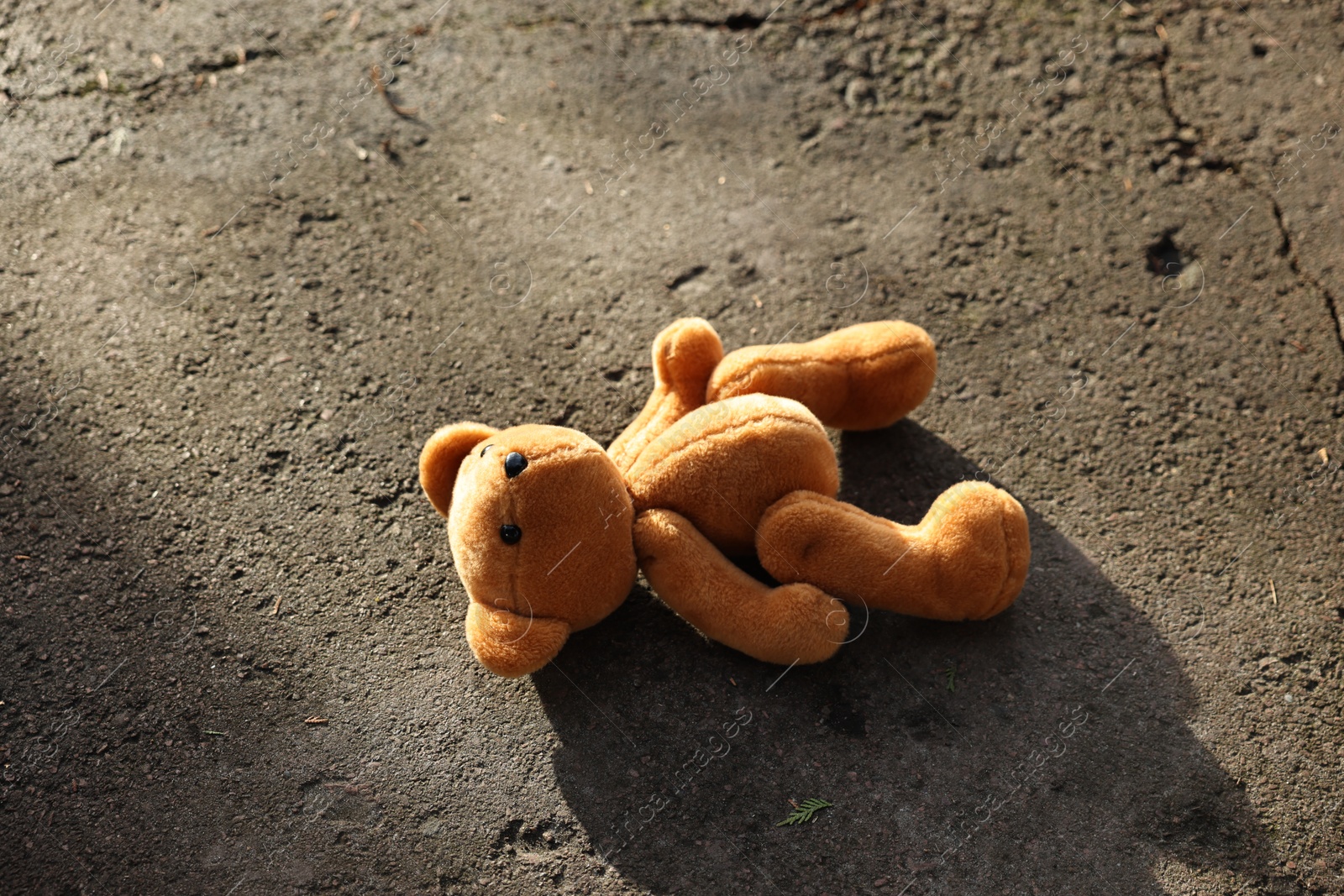 Photo of Lost brown teddy bear on ground outdoors