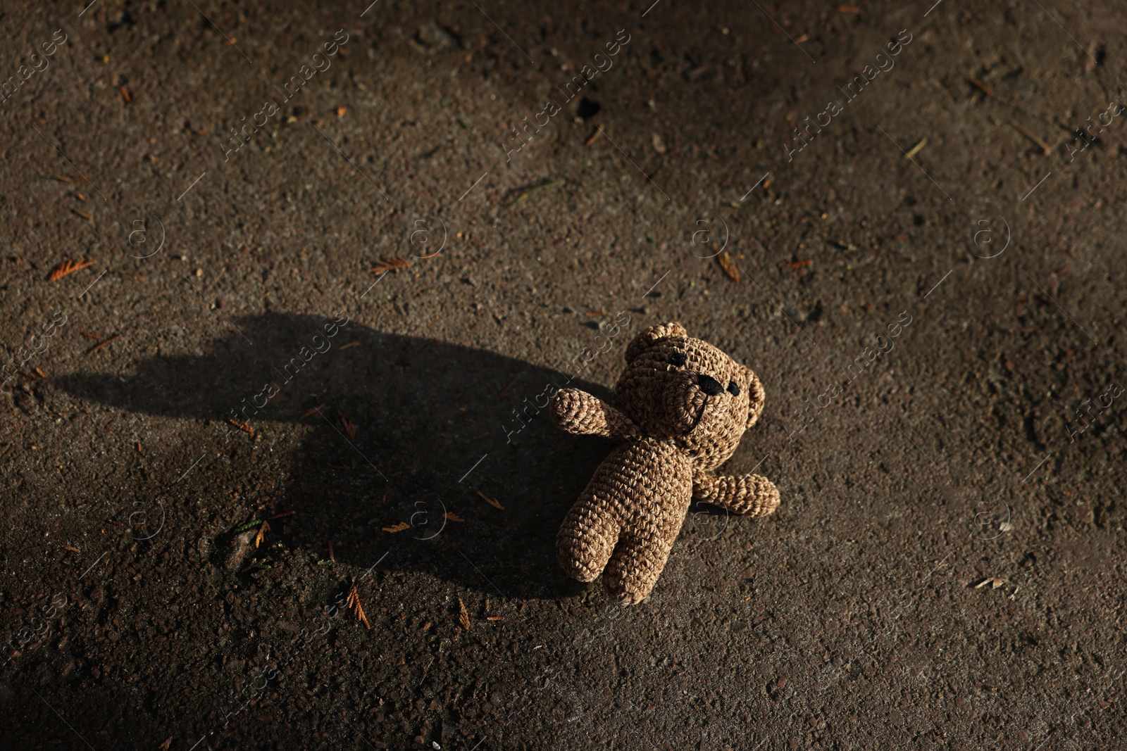 Photo of Lost knitted bear on ground outdoors, above view