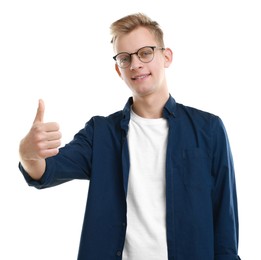 Photo of Happy man showing thumbs up on white background. Like gesture