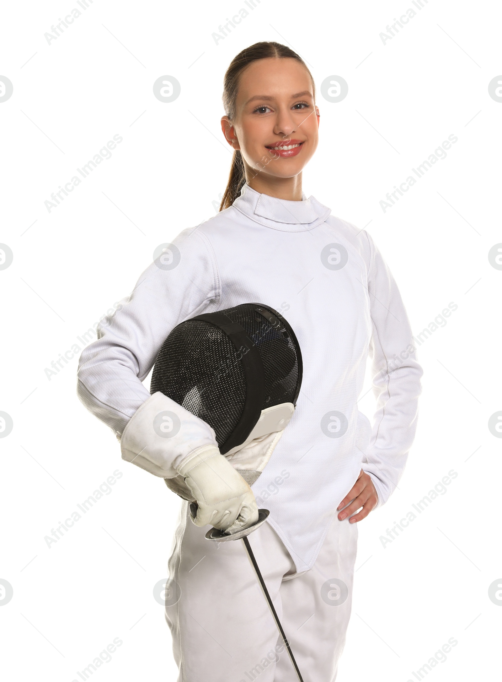 Photo of Smiling fencer with protective mask and epee on white background