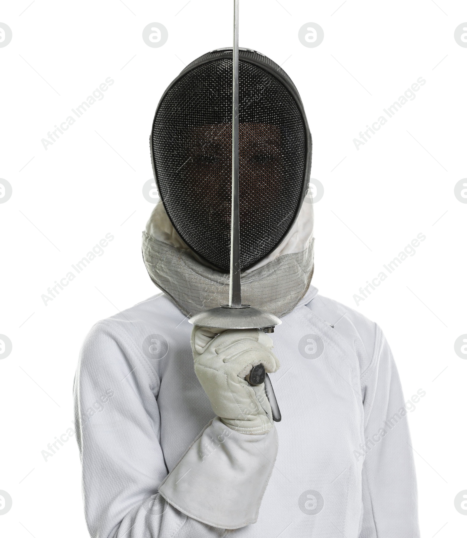 Photo of Fencer with epee on white background. Combat sport