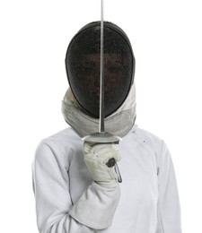 Photo of Fencer with epee on white background. Combat sport