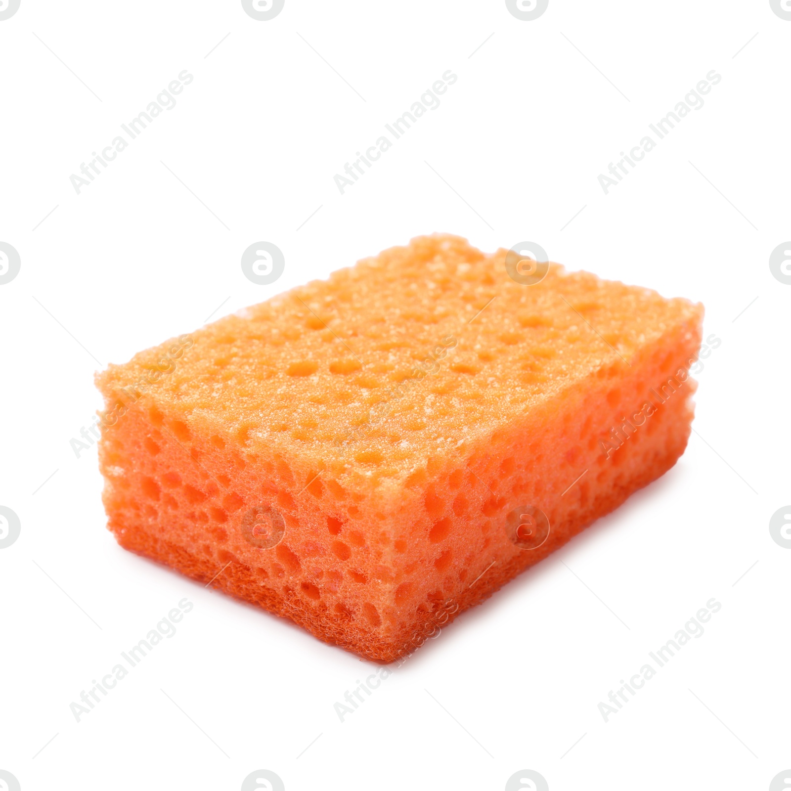 Photo of One orange sponge isolated on white. Cleaning tool