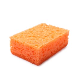 Photo of One orange sponge isolated on white. Cleaning tool