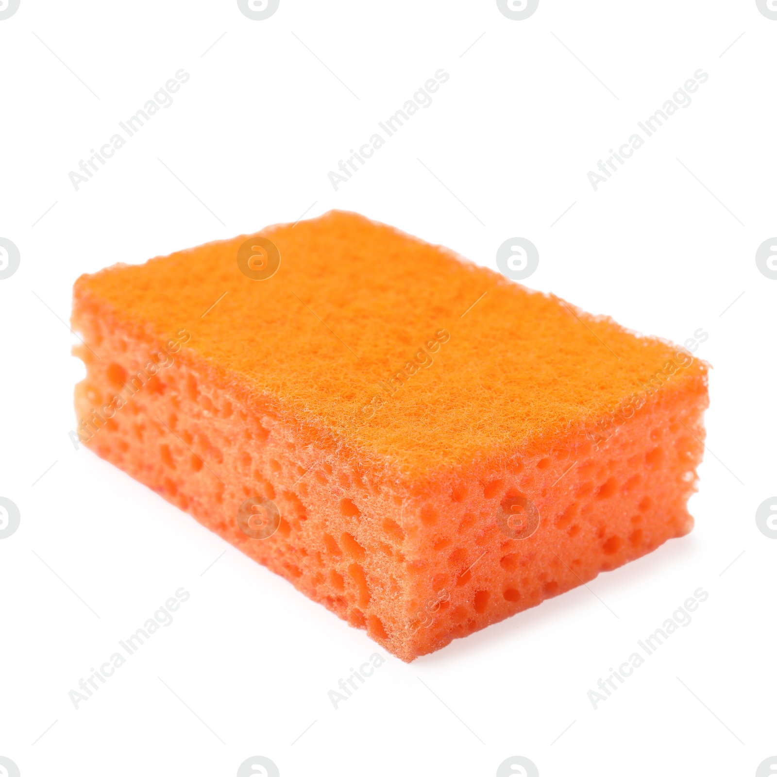 Photo of One orange sponge isolated on white. Cleaning tool